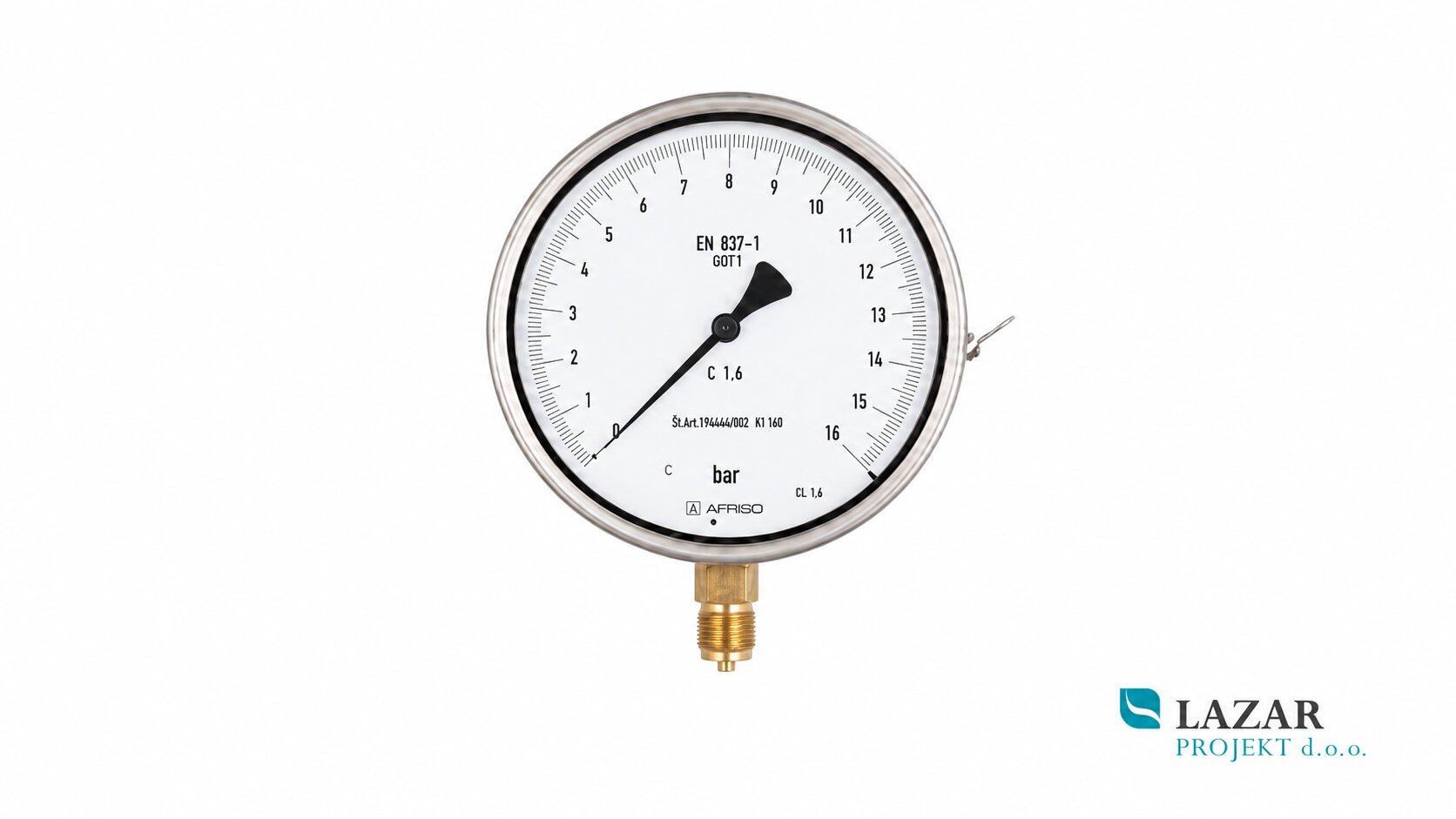 AFRISO manometer 85715402, 0–10 bar, fi 160 mm, z radialnim spodnjim priključkom G 1/2"