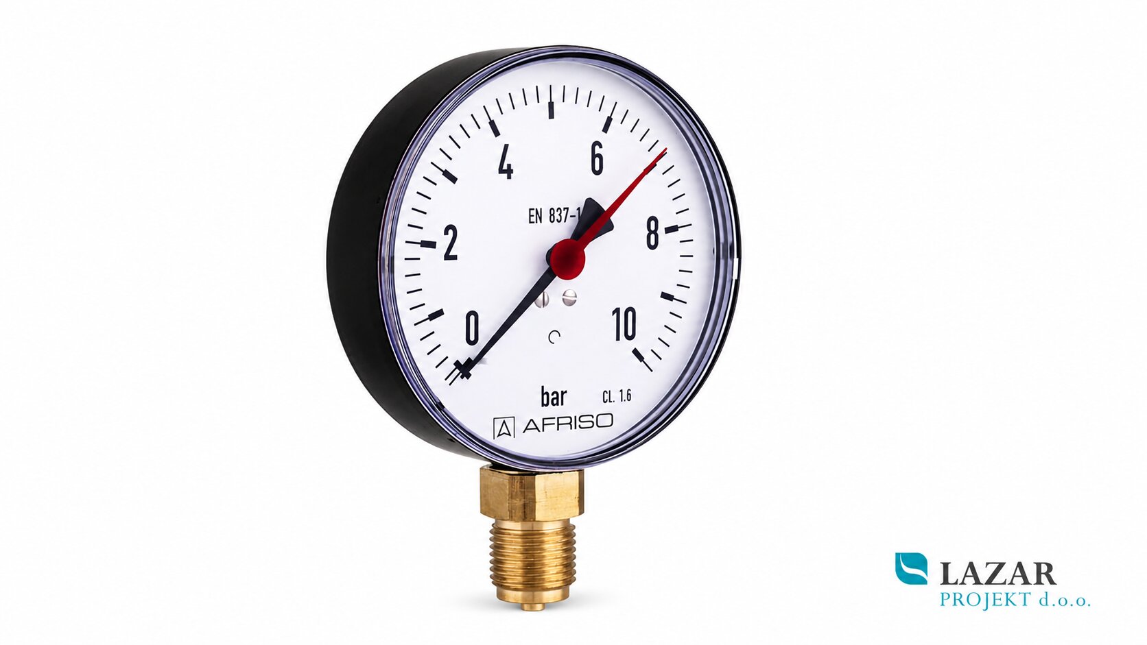 Afriso manometer Ø 100 mm z radialnim priključkom G 1/2", merilnim območjem in belo številčnico.