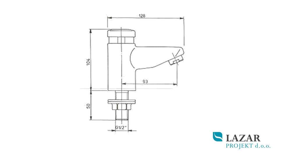 Dimensional drawing of Benkiser 177 20 00 self-closing washbasin tap