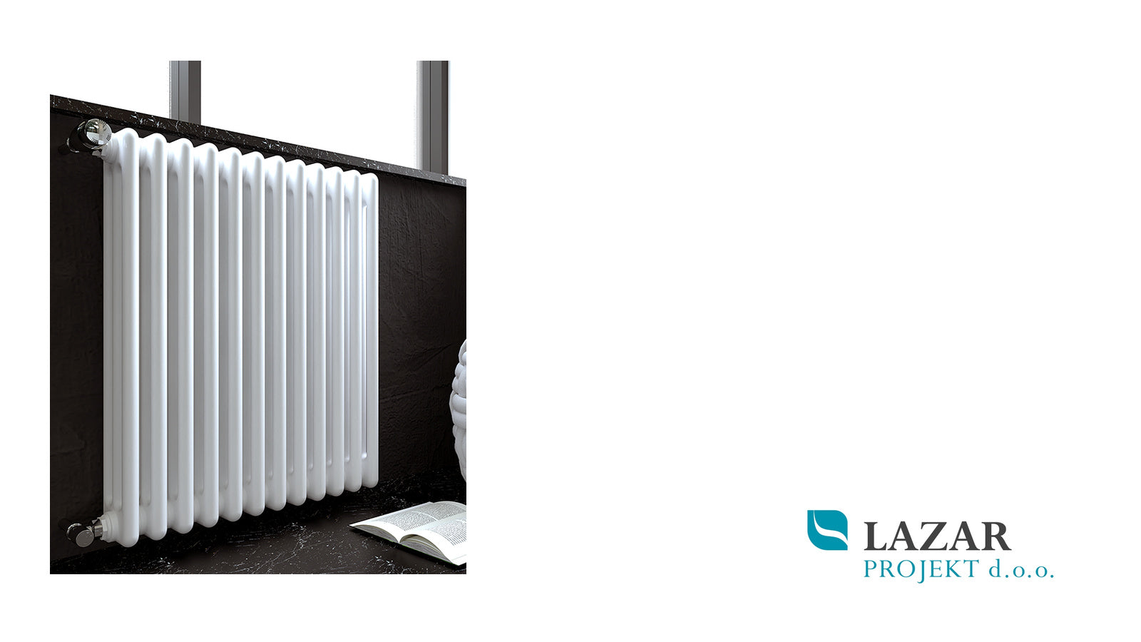 ERCOS COMBY beli jekleni členasti radiator v sodobnem dnevnem prostoru