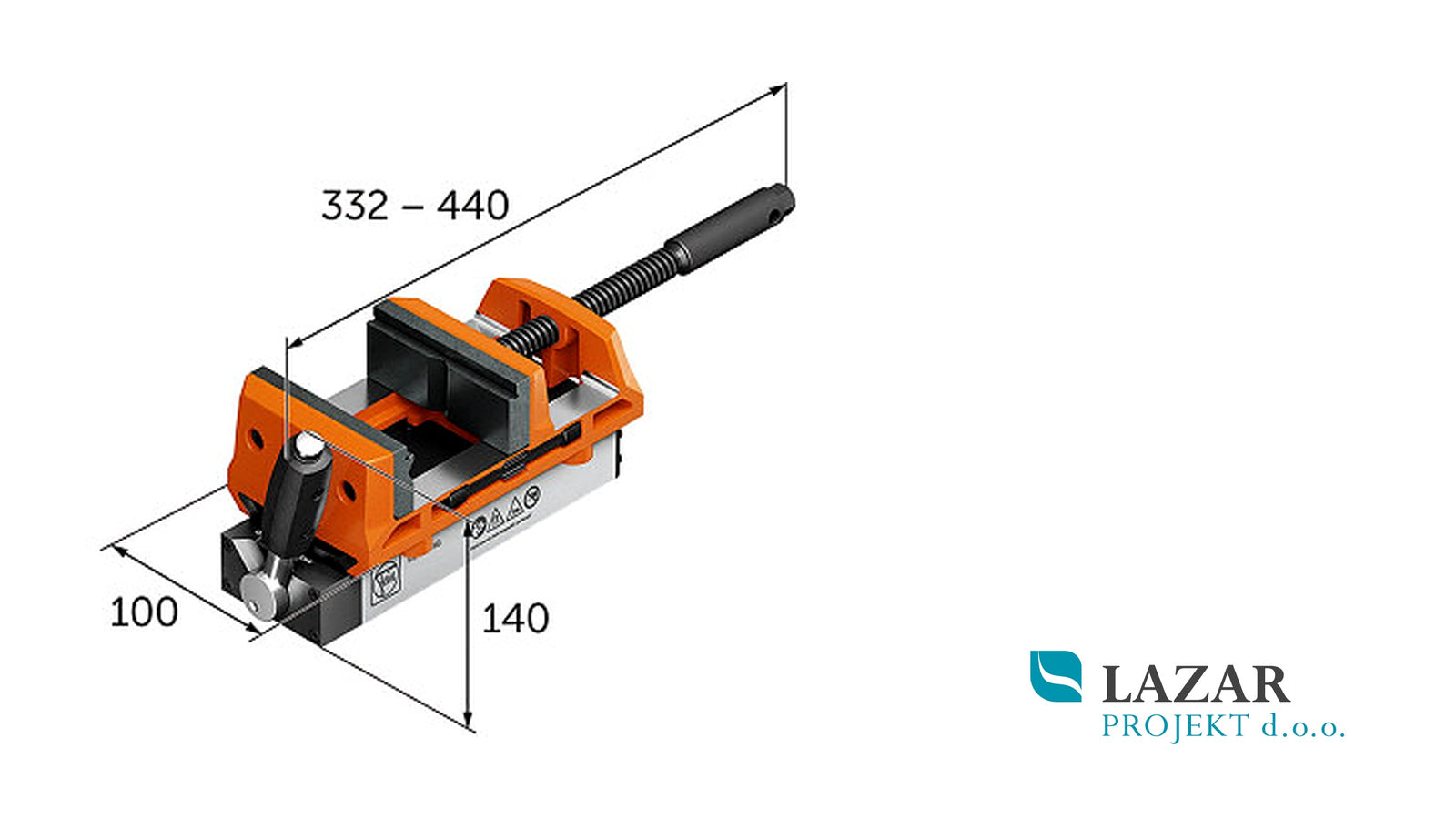 Dimenzije magnetnega primeža FEIN VersaMAG 100 mm 90701003020 z nastavljivo dolžino od 332 do 440 mm