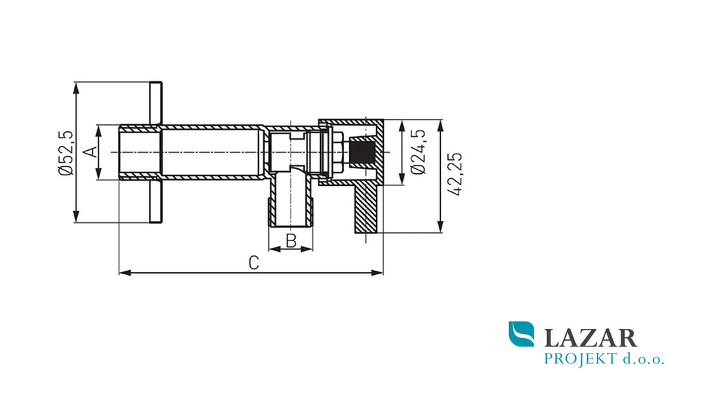 Dimenzijska skica kotnega ventila FERRO Z1234C G 1/2″ × G 3/4″, dolžine približno 98 mm