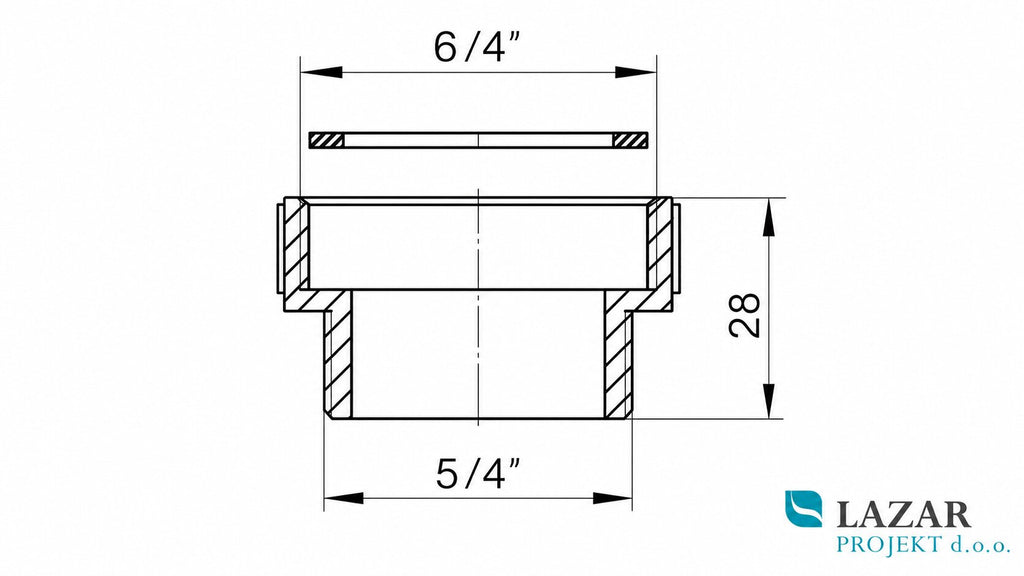 Technical drawing of HL12.3 threaded ring, 6/4" female thread and 5/4" male thread