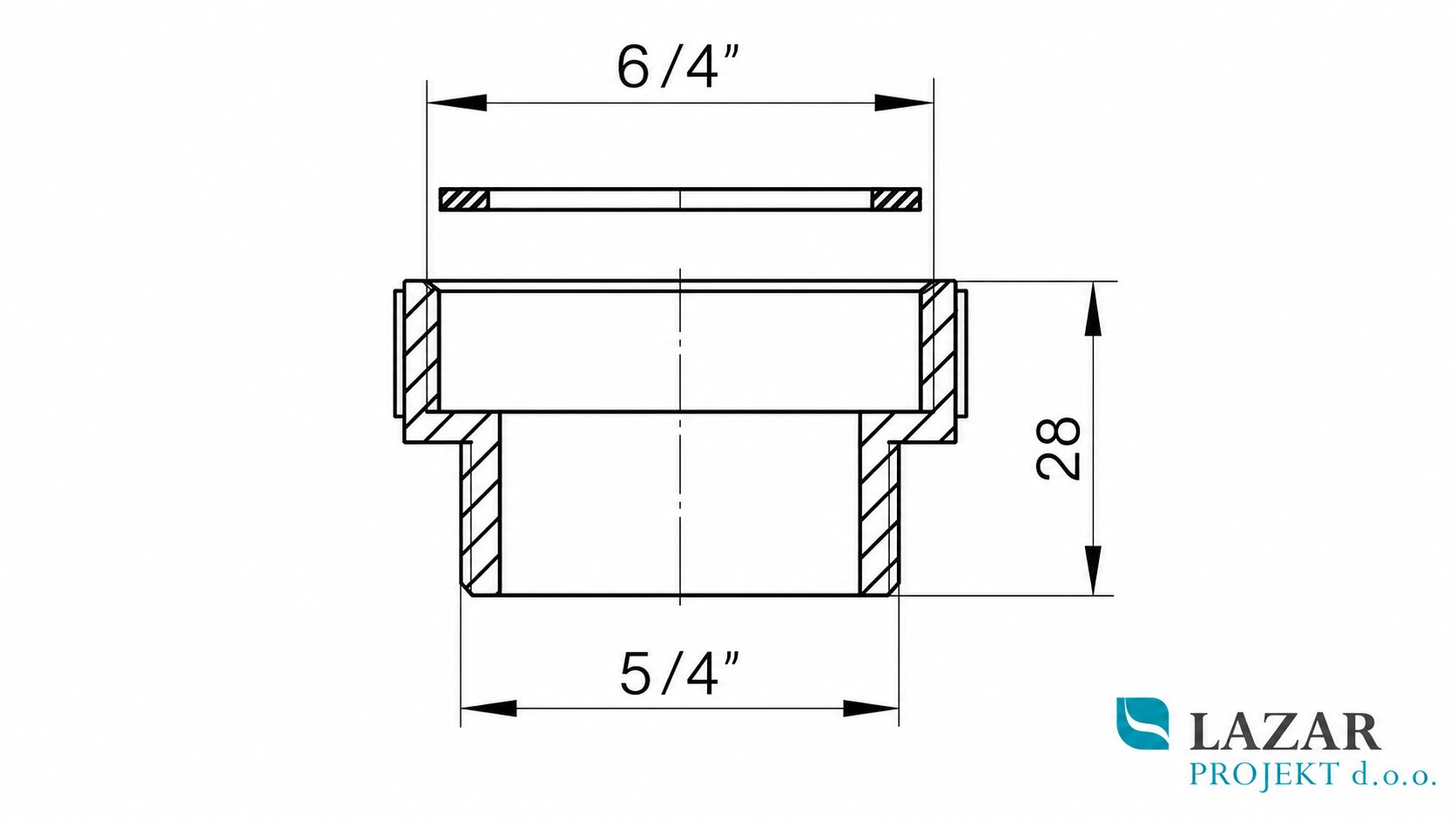 Technical drawing of HL12.3 threaded ring, 6/4" female thread and 5/4" male thread
