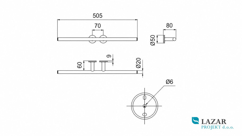 Dimensional drawing of INDA A4618BCR Touch double towel holder