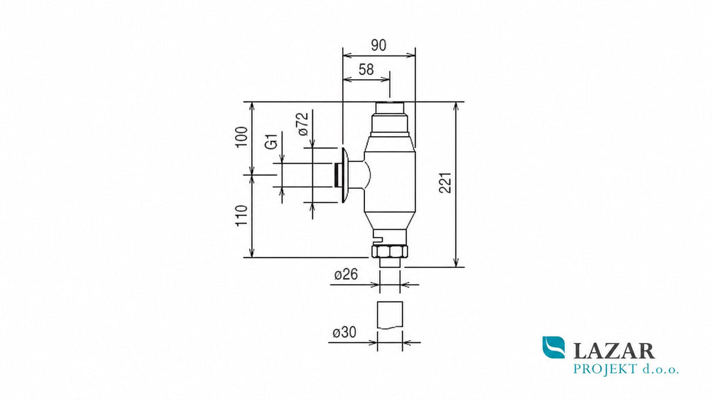 Dimensional drawing of Benkiser 177 20 00 self-closing washbasin tap