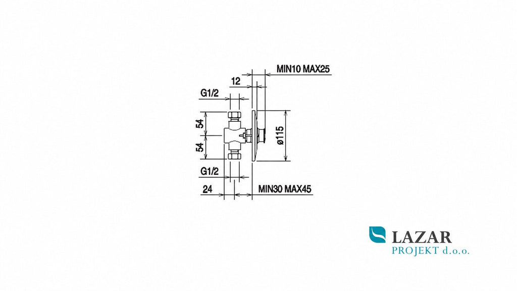 Dimensional drawing of La Torre 410/UR concealed self-closing urinal valve