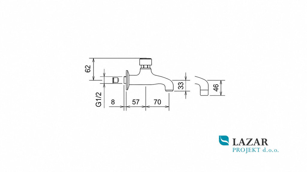 Dimensional drawing of La Torre 460 wall-mounted self-closing tap