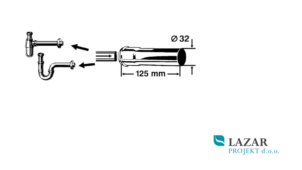 Dimensional drawing of the Sanitop telescopic waste pipe Ø 32 mm, length 125 mm