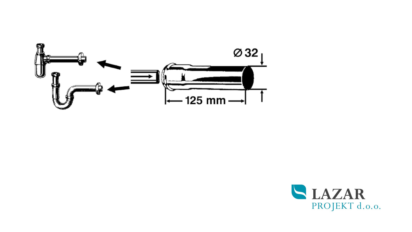 Dimensional drawing of the Sanitop telescopic waste pipe Ø 32 mm, length 125 mm