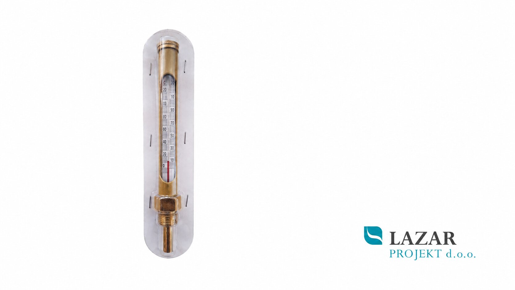 Ravni medeninasti termometer z merilnim območjem od 0 do 120 °C in pritrditvijo na tulko 1/2″