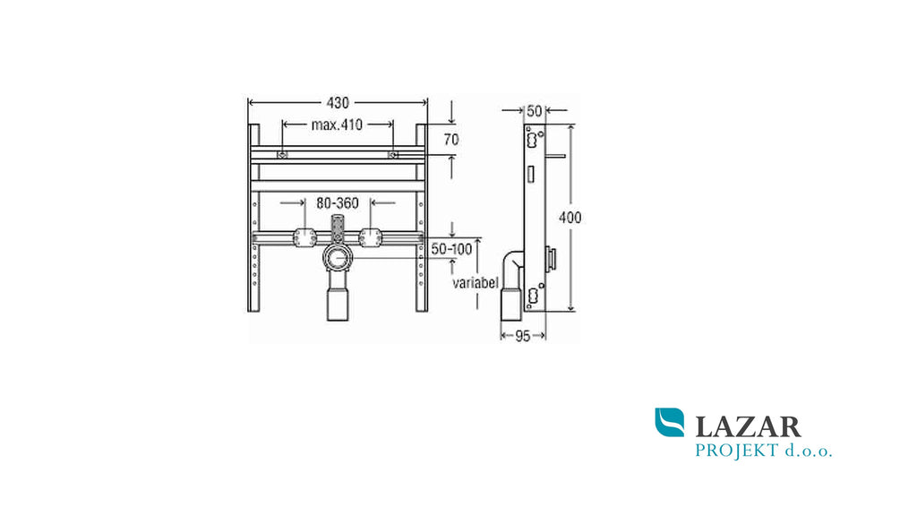 Dimensional drawing of Viega 293598 Steptec washbasin module with adjustable bracket