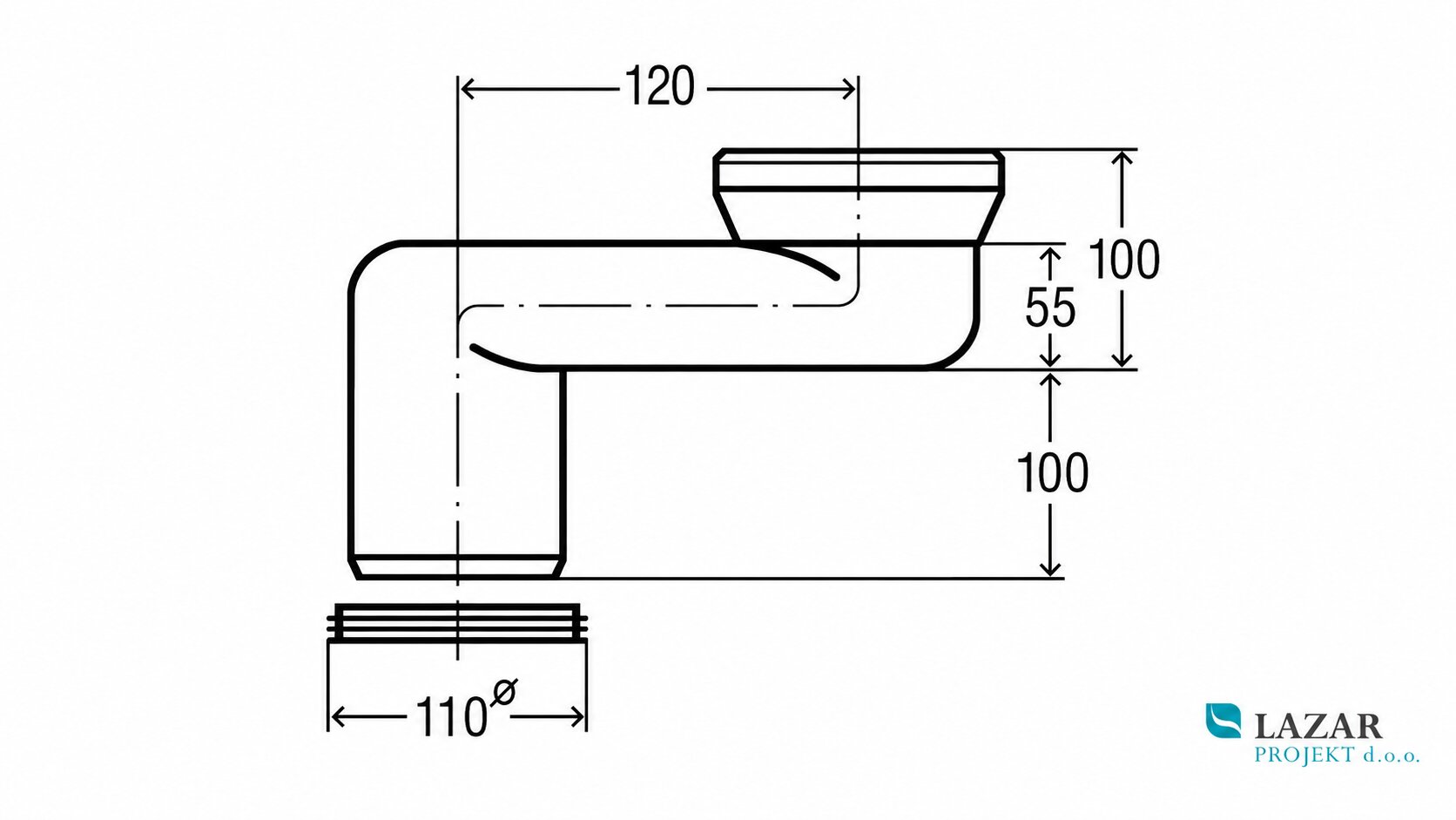 Viega WC priključni kos 340780, dimenzijska skica z merami 120 mm, 100 mm, 55 mm in priključkom 110 mm