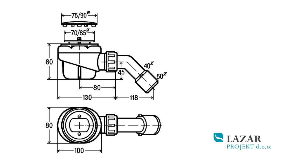 Technical drawing of Viega 364755 Domoplex shower tray drain 75 x 40/50 with dimensions and 45-degree drain bend